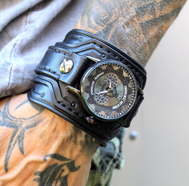 Black Leather Wrist Watch Mens Leather Cuff Watch Steampunk Etsy