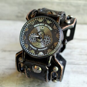 Steampunk Watch, Men's watch, Leather Watch Cuff, Leather Wrist Watch , Bracelet Watch, Mens Gift, Anniversary Gift, Black, Engraved watch image 3