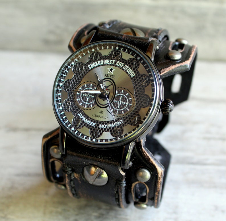 Steampunk Watch, Men's watch, Leather Watch Cuff, Leather Wrist Watch , Bracelet Watch, Mens Gift, Anniversary Gift, Black, Engraved watch image 3
