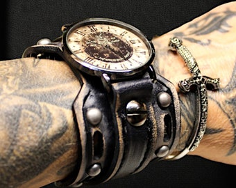 Reloj de puño de cuero Vintage Steampunk Reloj de hombre Reloj de cuero remachado Reloj de pulsera de cuero, Reloj de pulsera, Regalo para él