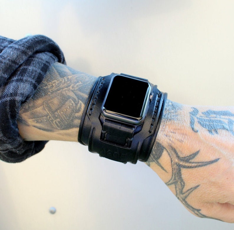 Black Leather Apple Watch Cuff Wide Leather Watch Band for Etsy