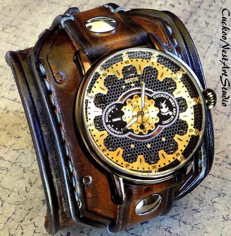 Steampunk Leather Watch Cuff Men's watch Leather Wrist Etsy