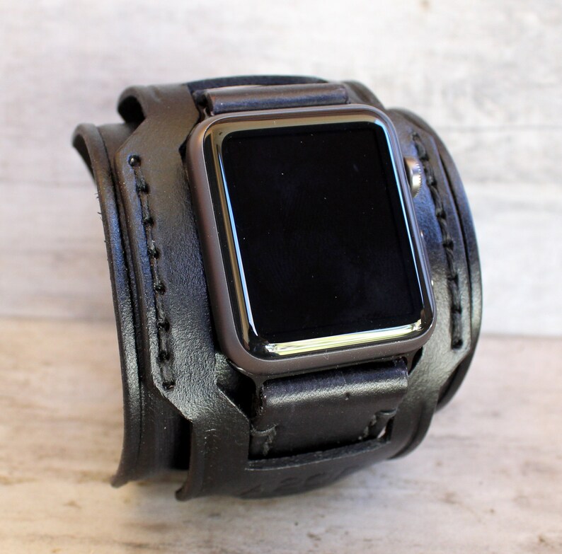 Black Leather Apple Watch Cuff Wide Leather Watch Band for Etsy