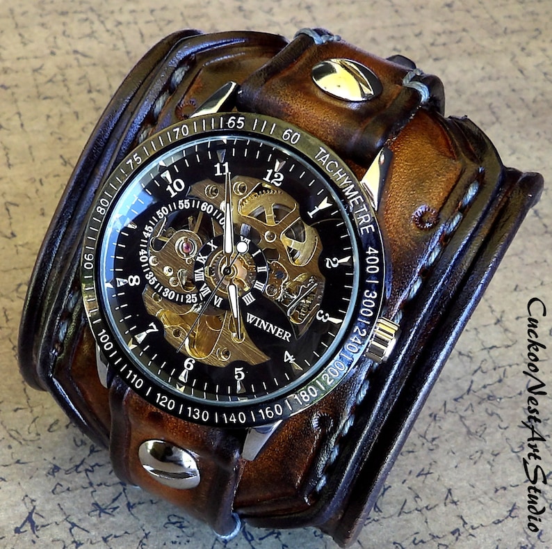 Men's Steampunk Wrist Watch Leather Watch Skeleton Etsy