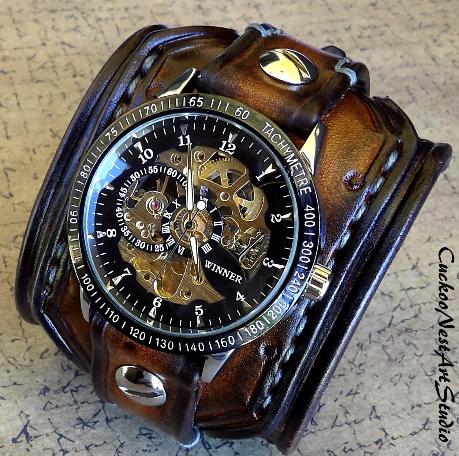Mens Steampunk Watch, Leather Bracelet, Black Leather Watch -  Norway