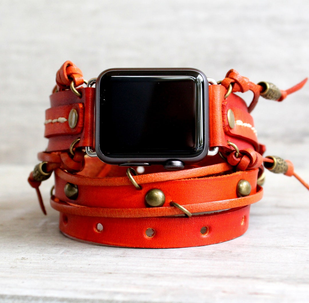 Orange Apple Watch Band, Women's Apple Band 40mm, 38mm, Leather Wrap