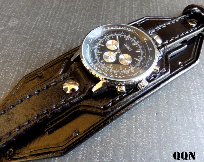 Black Leather Watch Cuff, Men's Leather Watch, Wrist Watch, Bracelet