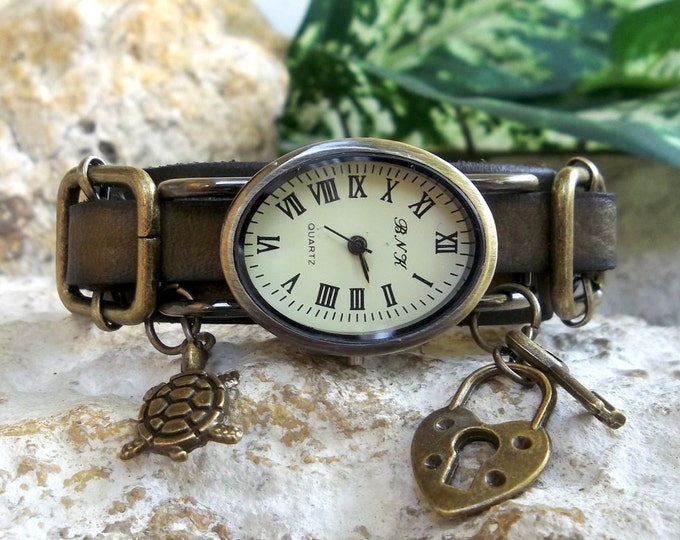 Womens Leather Watch Cuff, Brown Leather Wrist Watch, Women's Leather