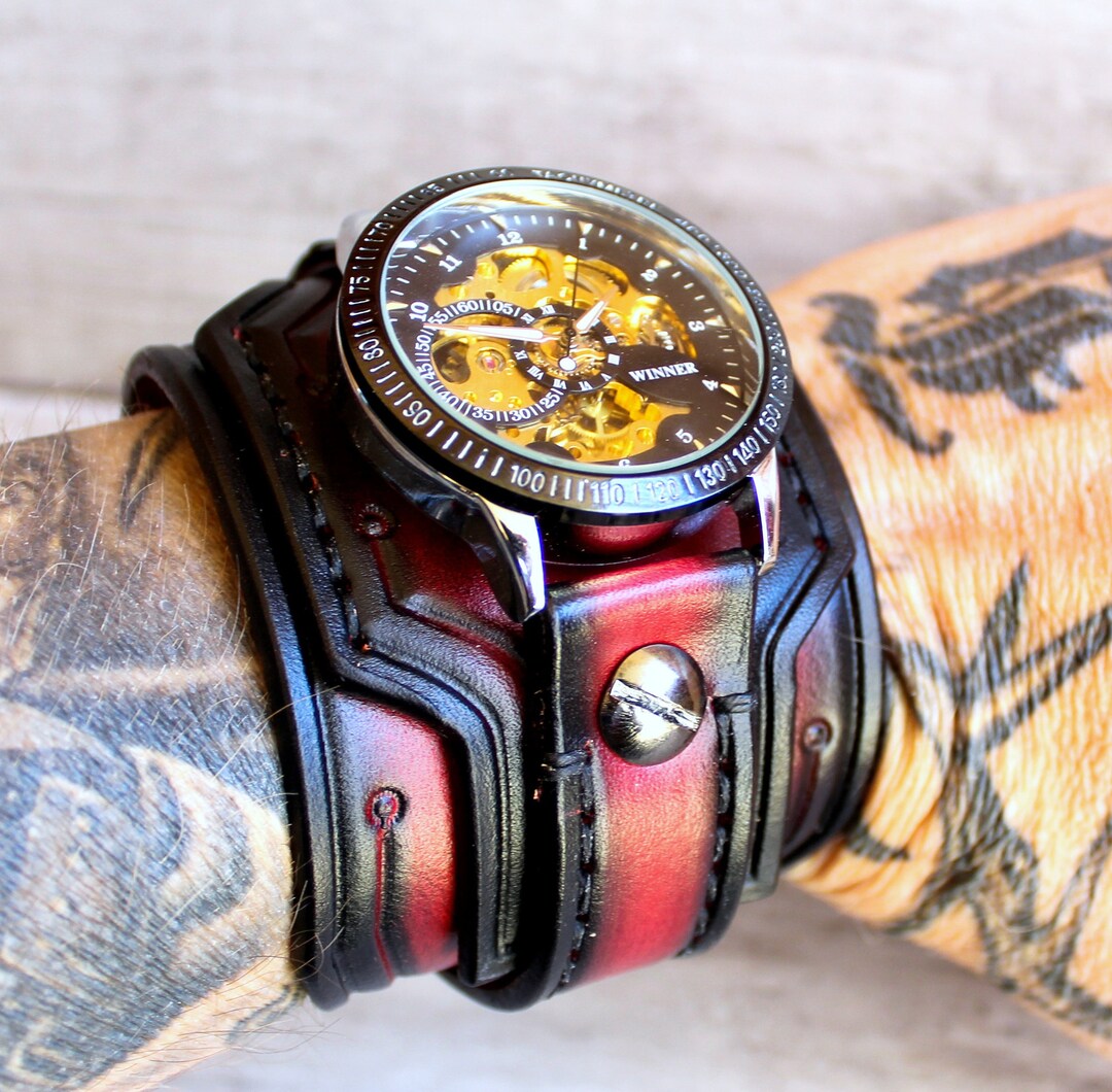 Leather Watch Steampunk Wrist Watch Red and Black Men s Watch Leather Cuff Bracelet Watch Red and Black Watch Leather Watch Band Etsy Canada