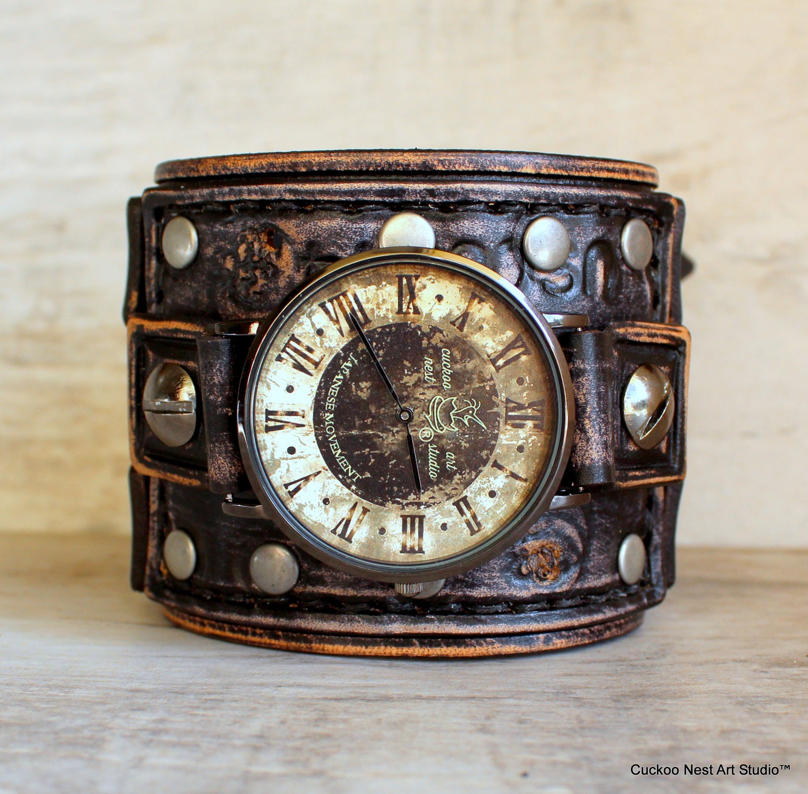 Vintage Watch Black Leather Watch Engraved Men's Watch Etsy