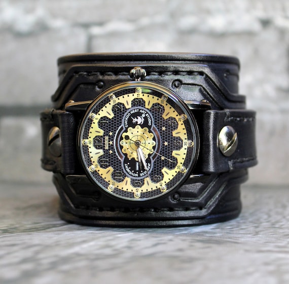 Gold Steampunk Watch with Black Leather Cuff, Black Leather Watch Band, Leather Watch Cuff, Skeleton Watch, Men's Gift