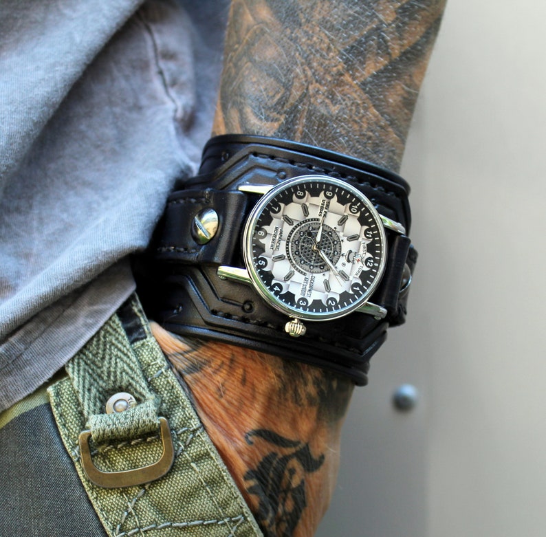 Black Leather Watch Cuff Men's Leather Watch Steampunk Etsy