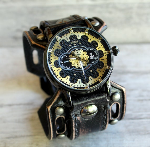 Steampunk Leather Wrist Watch, Gold