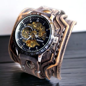 Steampunk Watch, Men's Leather Watch, Mechanical Watch, Wide leather cuff watch, Leather Watch, Men's Cuff Watch, 3rd Anniversary gift, Gray image 3
