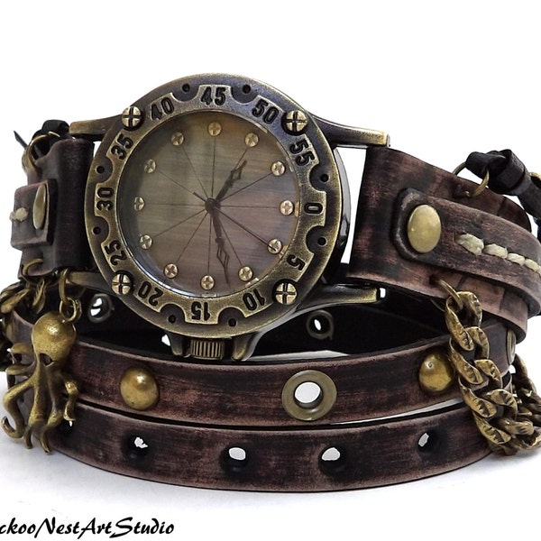 Steampunk Wrap Watch, Antique Brown Wrap around Watch, Womens leather watch, Vintage looking Bracelet Watch, Rustic Wrist Watch