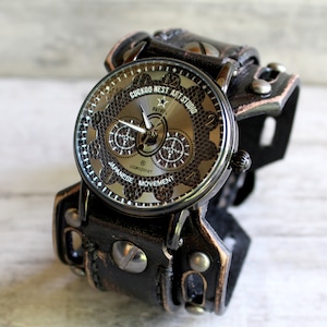 Steampunk Watch, Men's watch, Leather Watch Cuff, Leather Wrist Watch , Bracelet Watch, Mens Gift, Anniversary Gift, Black, Engraved watch image 6