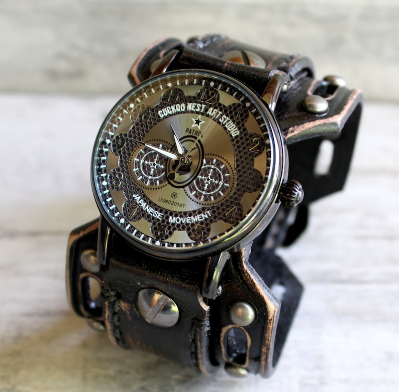 Steampunk Watch, Men's watch, Leather Watch Cuff, Leather Wrist Watch , Bracelet Watch, Mens Gift, Anniversary Gift, Black, Engraved watch image 6