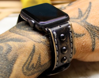 Black leather apple watch band, Studded apple watch strap, 42mm apple band, Men's apple strap, Apple watch bracelet, iWatch band, Series 1-9