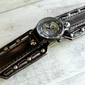 Steampunk Watch, Men's watch, Leather Watch Cuff, Leather Wrist Watch , Bracelet Watch, Mens Gift, Anniversary Gift, Black, Engraved watch image 4