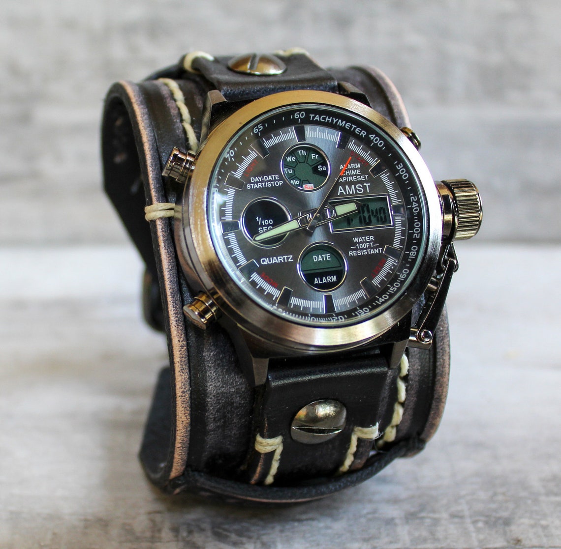 Men's Digital Leather Cuff Watch Brown Handmade Leather Etsy