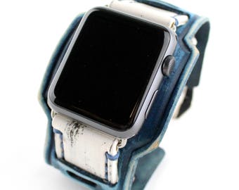 Leather Apple Watch Cuff, Women's Leather Apple Band, Men's Leather Strap for Apple Watch, Blue Apple Watch Strap Series 1-9, iWatch band,