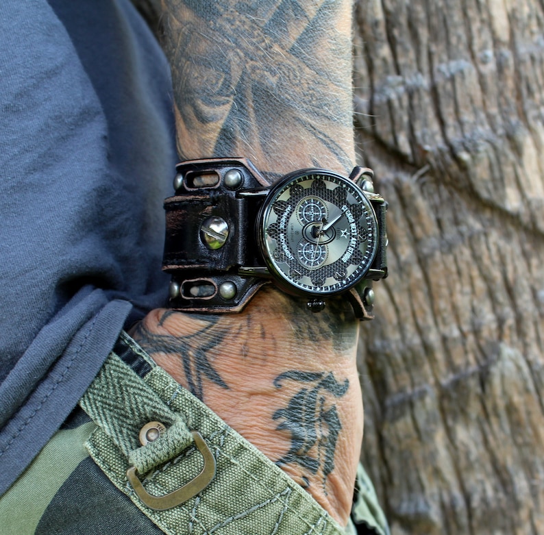 Steampunk Watch, Men's watch, Leather Watch Cuff, Leather Wrist Watch , Bracelet Watch, Mens Gift, Anniversary Gift, Black, Engraved watch image 2