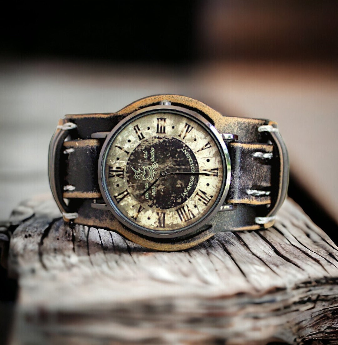 Leather Watch for Men, Black Leather Watch Cuff, Steampunk Watch