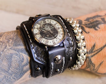 Men's Steampunk Leather Wrist Watch, Vintage looking Men's watch, Distressed Leather Cuff, Bracelet Watch, 3rd Anniversary Gift