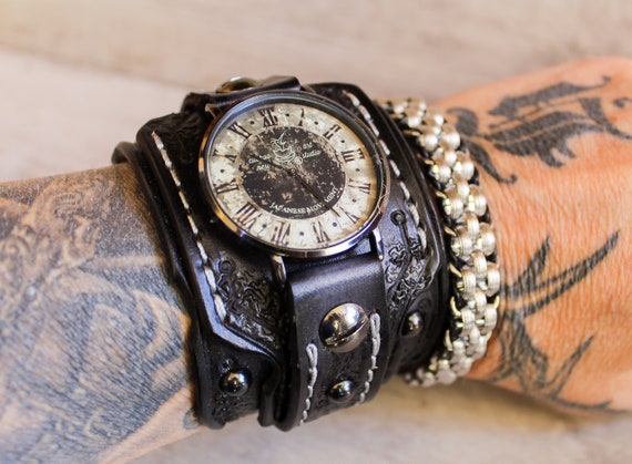 Steampunk Watch, Men's Watch, Leather Watch Cuff, Leather Wrist Watch ,  Bracelet Watch, Mens Gift, Anniversary Gift, Black, Engraved Watch 