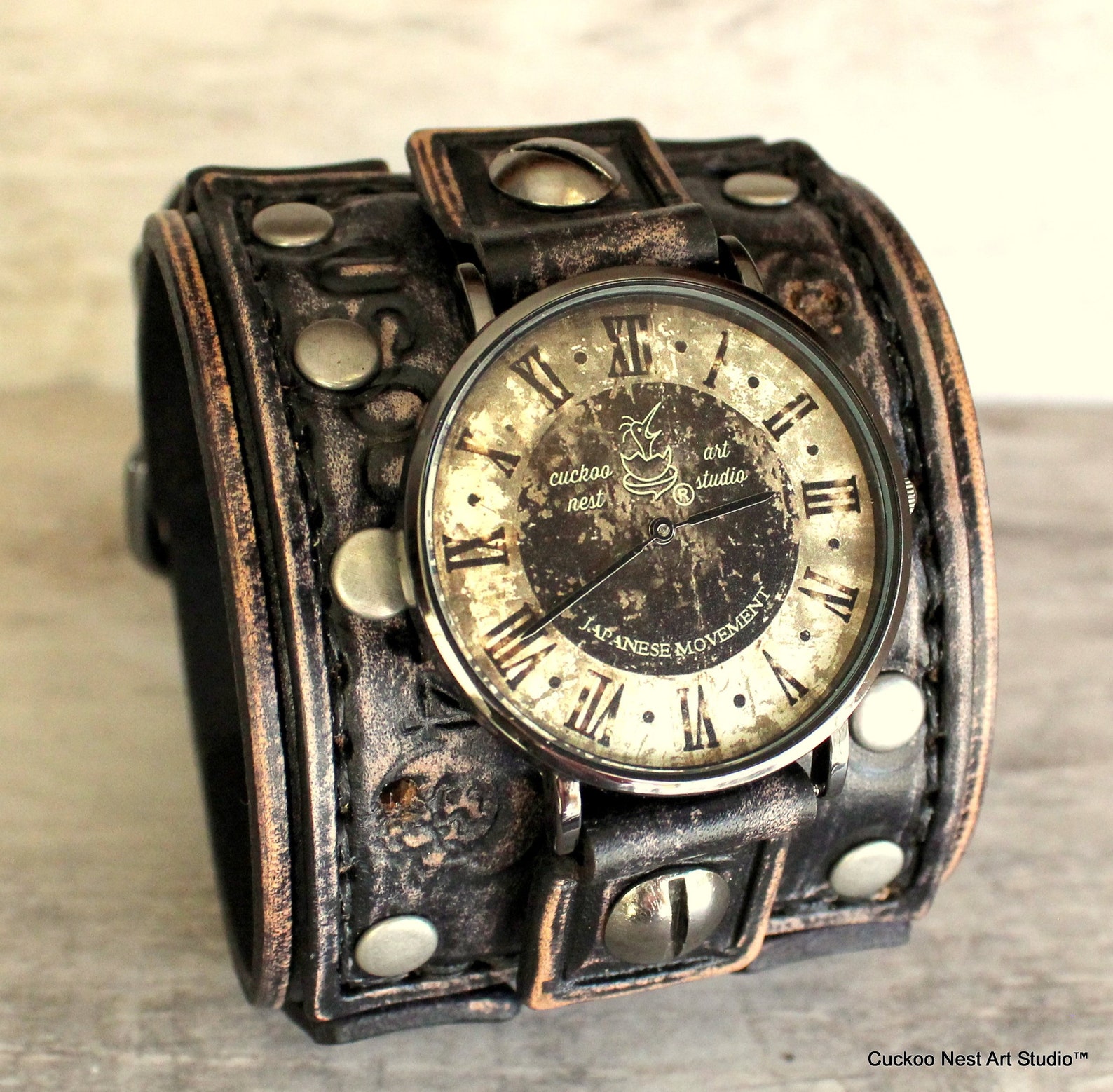 Vintage Watch Black Leather Watch Engraved Men's Watch Etsy