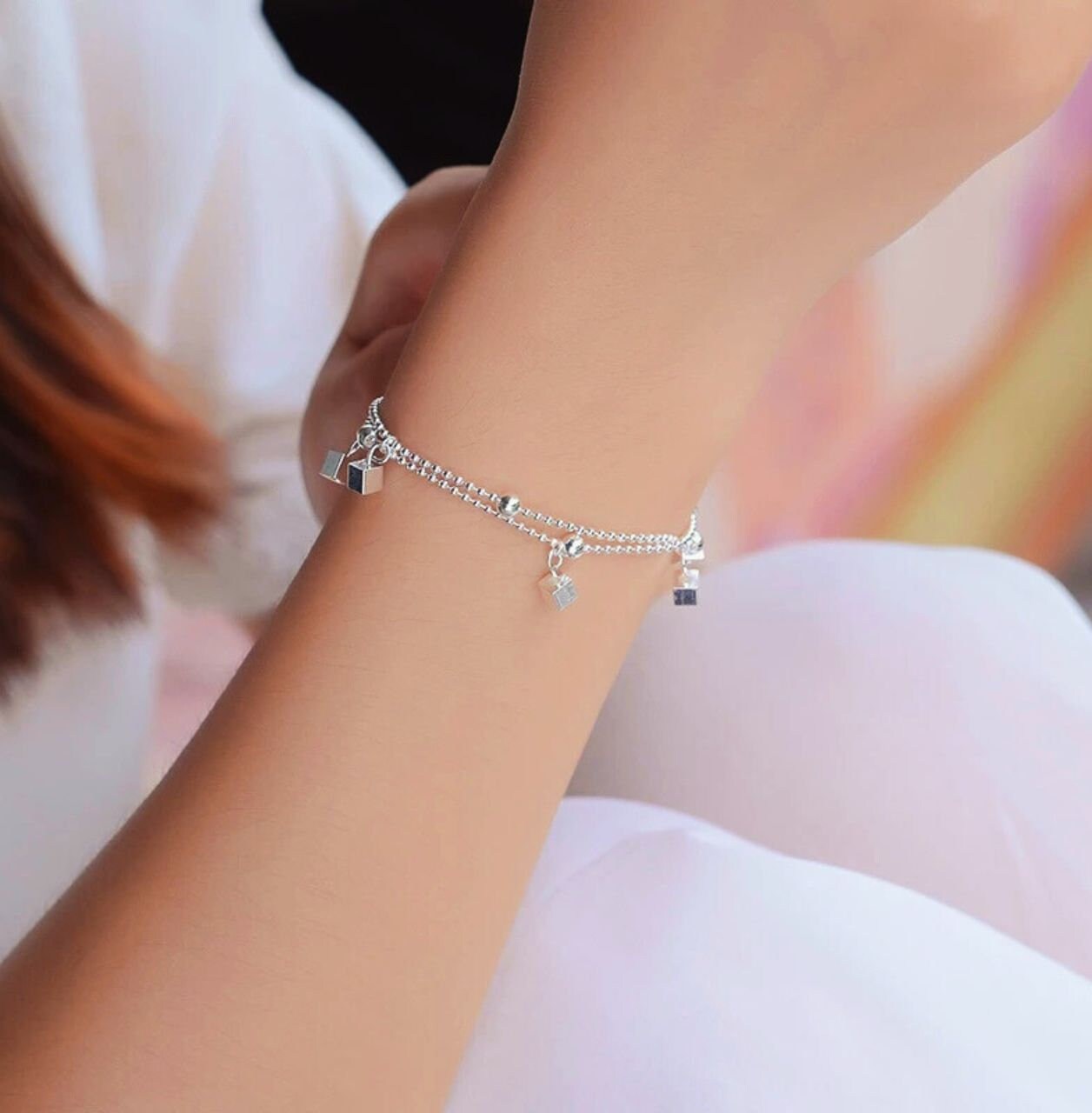 Silver Double Ball Chain Bracelet Silver Bracelet With Cube - Etsy
