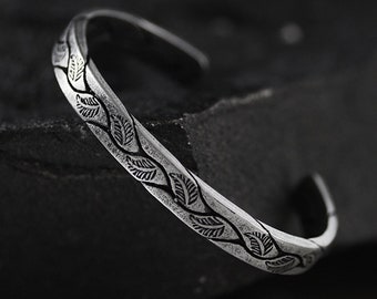 Silver Leaf Bracelet, Silver steel bracelet cuff, Nature Jewelry, Men's bracelet, Women's bangle silver bracelet, Botanical jewelry