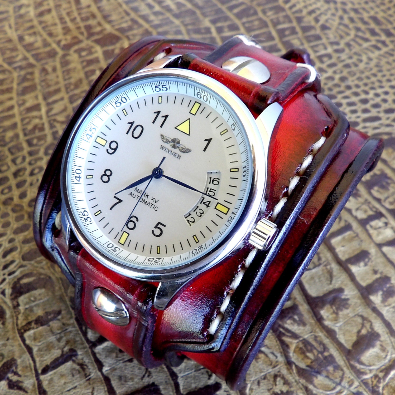 Red Leather watch cuff Leather wrist watch Men's watch Etsy