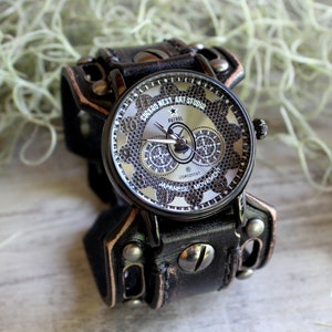 Steampunk Watch, Men's watch, Leather Watch Cuff, Leather Wrist Watch , Bracelet Watch, Mens Gift, Anniversary Gift, Black, Engraved watch image 5