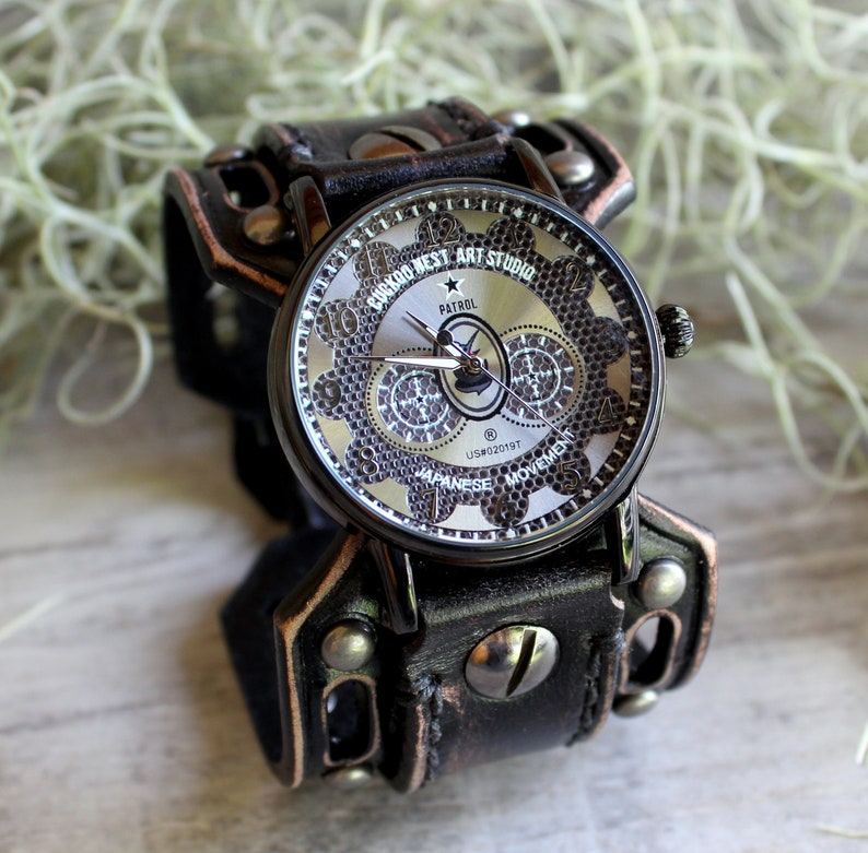 Steampunk Watch, Men's watch, Leather Watch Cuff, Leather Wrist Watch , Bracelet Watch, Mens Gift, Anniversary Gift, Black, Engraved watch image 5