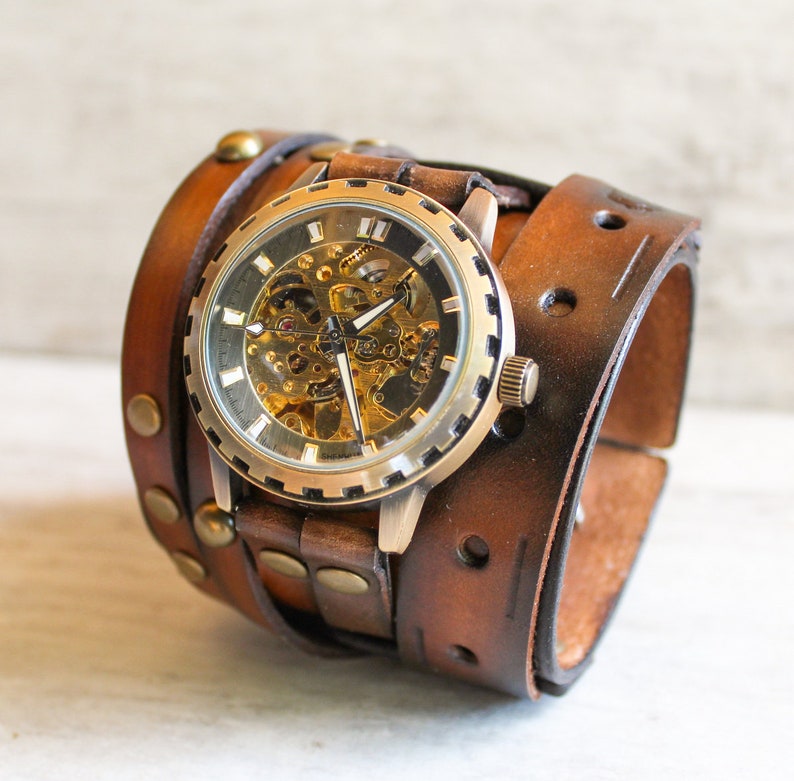 Men's leather watch, Steampunk watch, Vintage wrist watch, Mechanical Watch, Brown leather cuff, Watch cuff, Leather bracelet, Watch band image 2