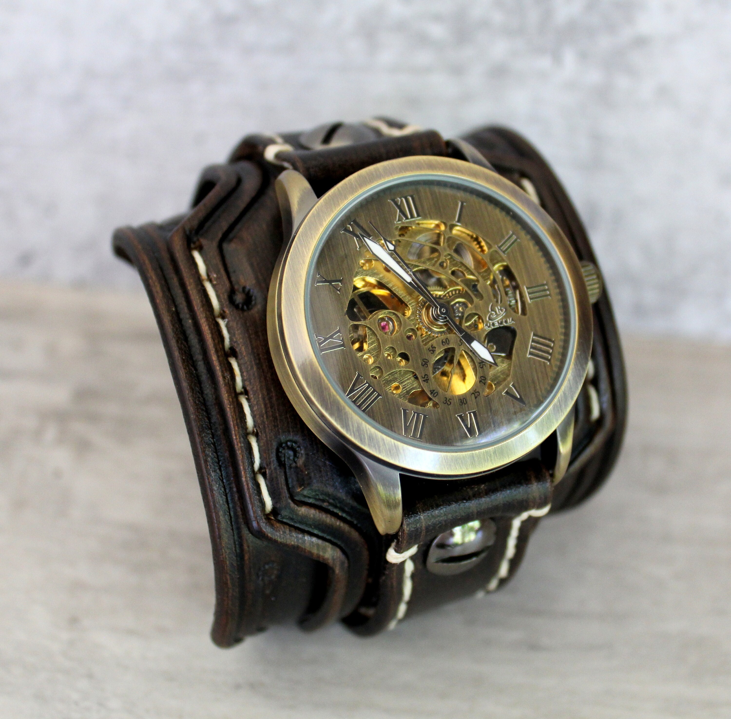 Steampunk Watch, Men's Watch, Leather Watch Cuff, Leather Wrist Watch ,  Bracelet Watch, Mens Gift, Anniversary Gift, Black, Engraved Watch 