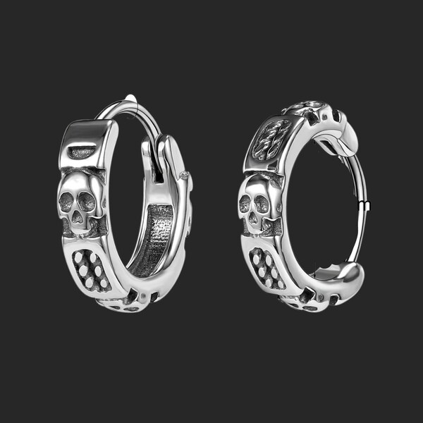 thumbnail image 2 of ZS Gothic Skull Hoop Earrings – Stainless Steel Punk Huggie Earrings For Men/Women, Hypoallergenic, Nickel-Free 2 of 2