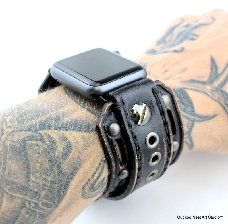 Black Leather Apple Watch Cuff Distressed Apple Watch Band Etsy