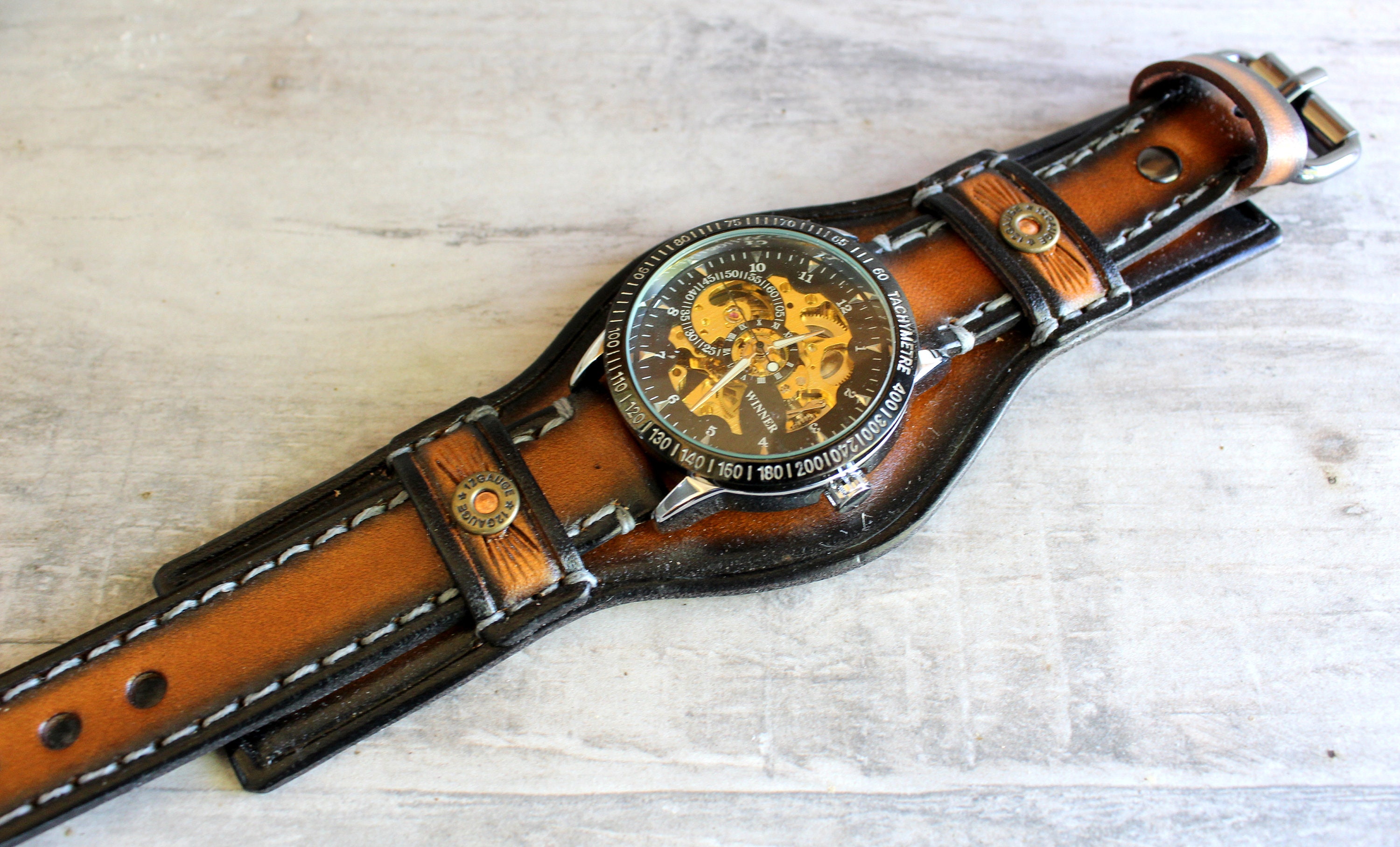 Men's Steampunk Wrist Watch, Leather Watch, Skeleton Watch, Leather Cuff  Watch, Bracelet Watch, Leather Watch Band, Brown, Mechanical Watch 