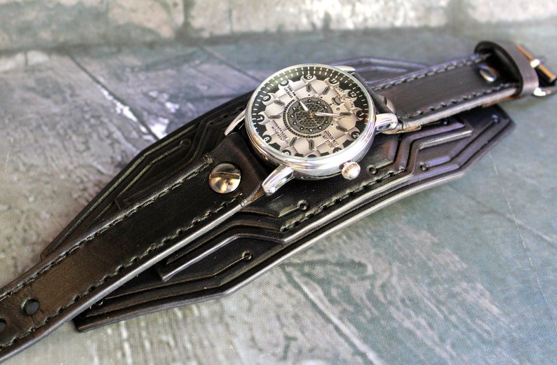 Black Leather Watch Cuff Men's Leather Watch Steampunk Etsy