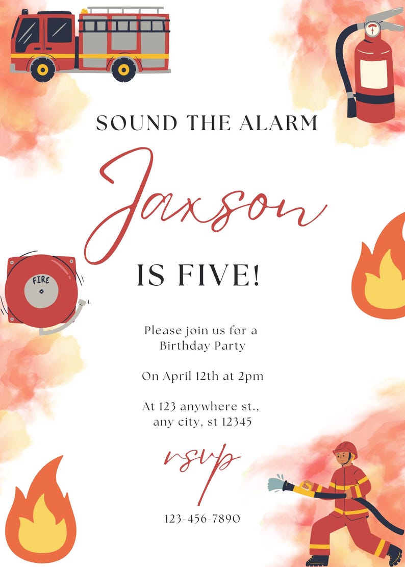 Fire Truck Birthday Invitation Template, Editable Canva Invite (digital ...