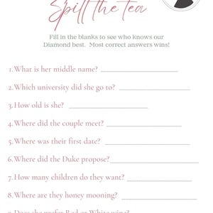 May include: A printable game sheet with the text "Spill the tea" and fill-in-the-blank questions. The design includes a teacup illustration and a silhouette of a woman. The game is designed to test knowledge of a specific subject.