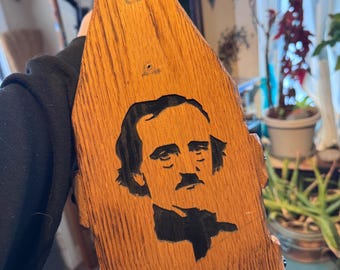 Vintage Handmade Edgar Allen Poe wood handled basket with quote from The Raven & Poe’s face burned on it.