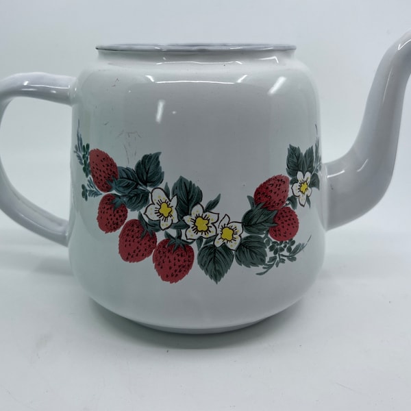 Vintage Chinese Resevoir White Enamel Teapot with Strawberries and blossoms (marked)