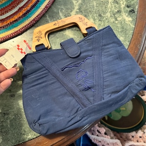 Vintage Blue Bermuda Bag Wood Handles 1980s tags still on them