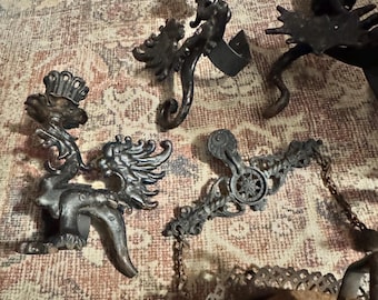 Antique Cast Iron Dragon Candle Holders and Hanging Lamp Parts
