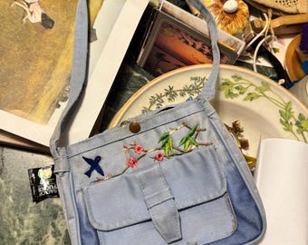 Vintage Holiday Fair denim Ribbon Embroidered Shoulder Bag with sparrow bluebird flowers