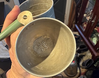 Vintage 2 Aluminum Measuring Cups 1950's one with seafoam wood handle