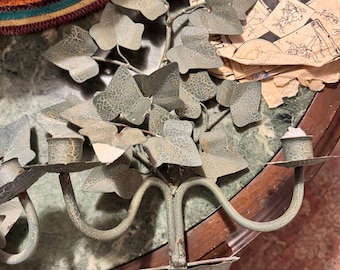 Pair Of green patina Tole Creeping ivy wall Sconces 1960s